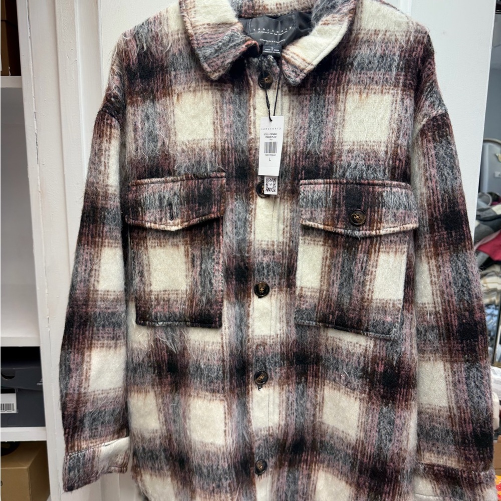 Sanctuary Plaid Shacket in Cream, Brown & Pink